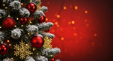 Close-up view of a decorated evergreen Christmas tree with red ornaments and gold snowflake