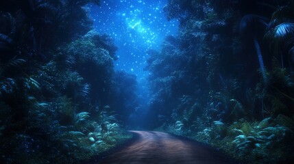 Fototapeta premium Moonlit Dirt Road Through Lush Tropical Forest at Night