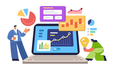 Financial analytics. Business project, data analysis on laptop screen. Modern finance graphs and investment strategy