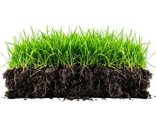 Cross-section of vibrant green grass, roots, and rich soil against black