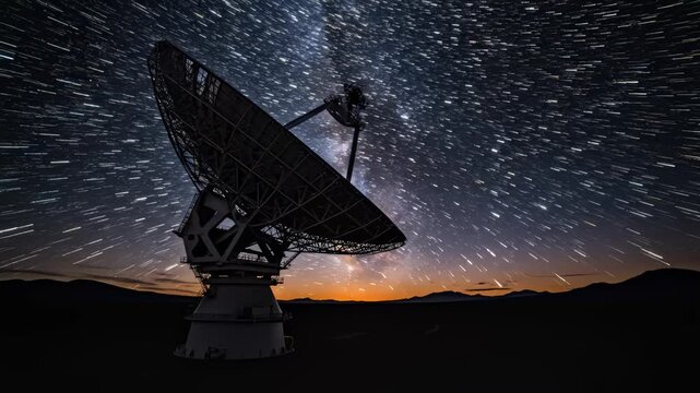 Time Lapse of Radio Telescope Under Shifting Clouds and Night Sky