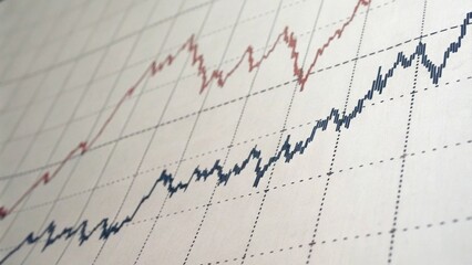A close-up of a financial graph displaying fluctuating data trends, with lines representing various values over time.