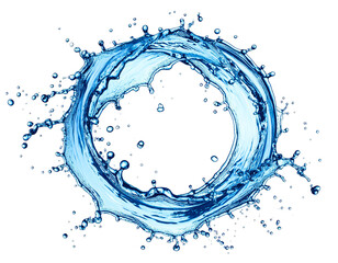 A circular splash of water, with droplets and flowing forms, against black