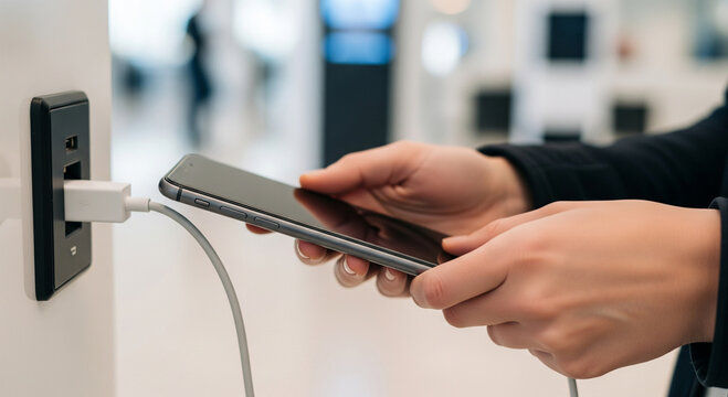 A persons hands are shown plugging a charging cable into a smartphone, connecting it to a power outlet, indicating charging or data transfer - Powered by Adobe