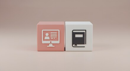 Minimalist 3D cubes comparing modern digital e-learning on a computer with traditional knowledge from books