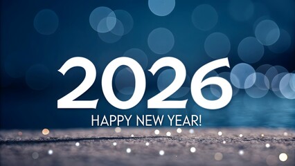 Bright white 2026 text with happy new year message overlayed on a bokeh blurred dark blue background with sparkling lights