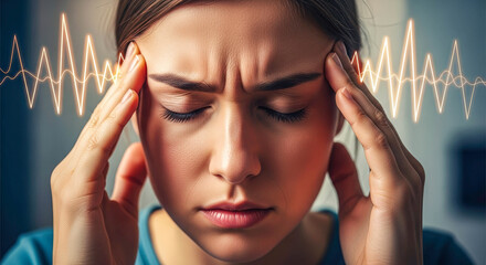 Woman holding her head with hands, suffering from severe headache and migraine. Stress and mental anguish with brain activity graphic.