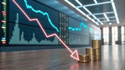 A visual representation of declining financial performance, featuring stacked coins and a downward trend graph in a modern office setting.