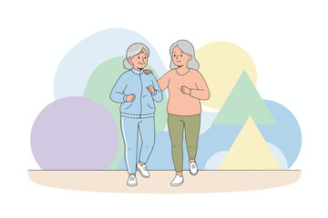 Two women one older jogging with support promoting active aging and healthy lifestyle