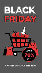 Black Friday sale graphic with shopping cart gifts bags and Up to 70 Off discount