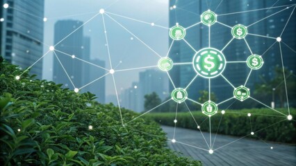 A digital network connects financial symbols in a modern urban environment, blending nature and technology.