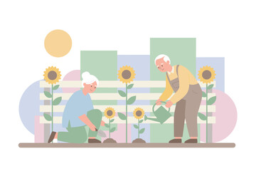 Joyful senior couple gardening planting and watering sunflowers in a bright outdoor setting Active retirement lifestyle