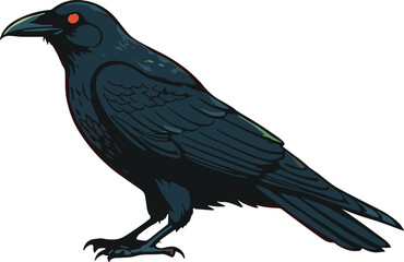 Halloween raven illustration, spooky black bird design, scary crow vector artwork, gothic Halloween decoration, cad drawing flat vector illustration