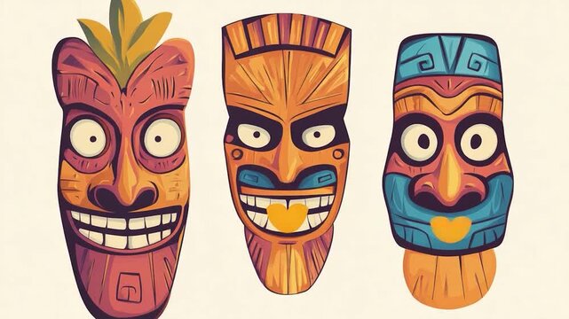 Three colorful tiki masks with unique expressions