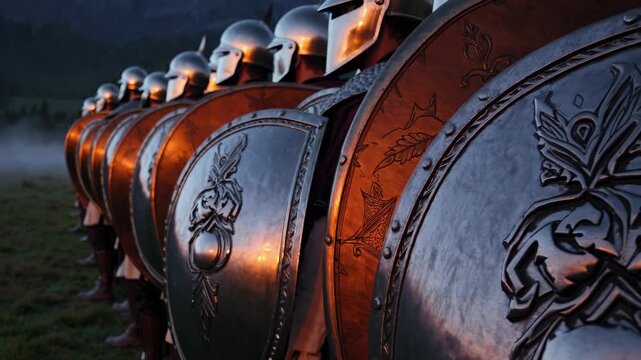 Soldier in formation with shield and helmet. Armor gleams along rank and line in misty field. Medieval warrior prepared for battle. Mountain ridge dawn light add warm tone. Emblem ornament visible.