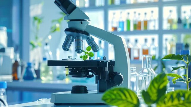 Dynamic plant science research under microscope in modern lab, discover sustainable solutions for environmental challenges through scientific innovation