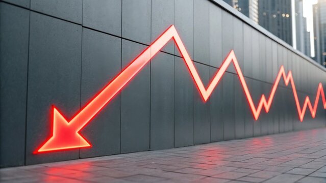 A downward red graph line illuminated against a modern urban wall, symbolizing a decline or decrease in performance or value.