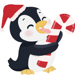 A cute cartoon penguin playfully licking a giant, striped red and white candy cane.