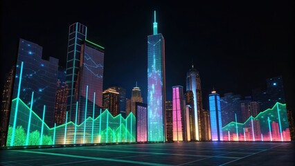A vibrant city skyline illuminated with colorful digital projections of graphs and data, showcasing a fusion of technology and urban life at night.