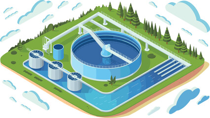 modern water treatment plant with filtration tanks, clean water purification system, sustainable industrial facility,