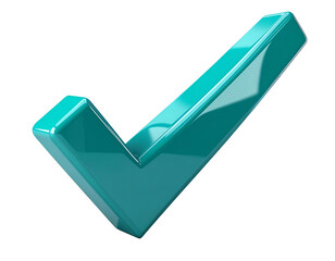A glossy, teal-colored checkmark icon with angled sides against a black backdrop