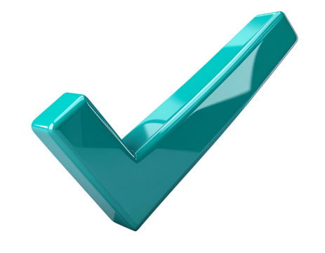 A glossy, teal-colored checkmark icon with angled sides against a black backdrop