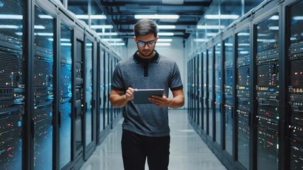 Server room technician inspecting data center performance with tablet, optimizing network security and ensuring uptime in modern technology environment - Powered by Adobe