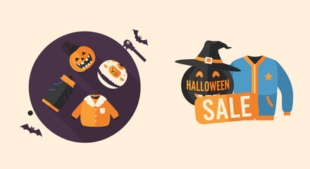 Flat design Halloween sale graphic with pumpkins bats and costumes perfect for seasonal promotions and spooky celebrations