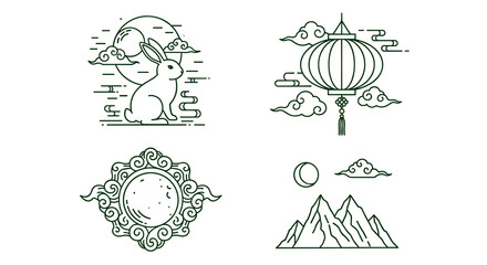 Elegant Mid-Autumn Festival Line Art Collection Featuring Lunar Rabbit, Lanterns & Ornamental Moon on White Background, Celebrating Chinese Traditions, Culture, with Decorative Clouds for Festive Gree
