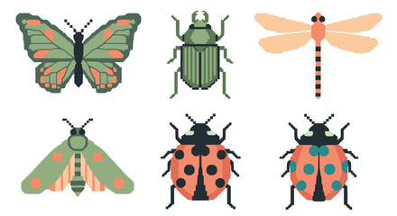 Pixel Art Insect Collection: Diverse Beetles, Butterflies, Dragonfly, and Moth in Graphic Illustration Set for Educational Materials, Children's Books, Science Posters, and Nature-Themed Design Projec