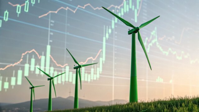 A digital representation of wind turbines with financial graphs, symbolizing the intersection of renewable energy and economic growth.