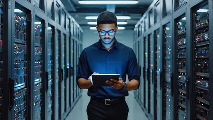 Database engineer examining server racks with a tablet in data center offers a modern solution for cloud computing and information technology systems
