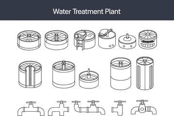 Water treatment plant process illustration showing filtration tanks, sedimentation basins, purification systems,