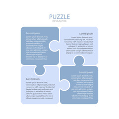 Fototapeta premium Modern blue puzzle infographic with four connected sections for data or business presentation.