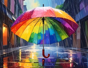 Colorful umbrella open in a rainy street. Reflective puddles below