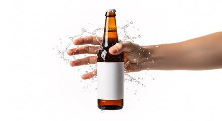 Hand holding a refreshing amber glass beer bottle mockup, isolated on white background with a dynamic water splash for advertising and branding