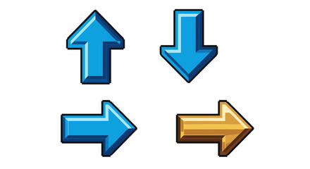 Animated Pixel Arrows: Up, Down, Left, Right in Blue and Gold for 8-Bit Game UI Navigation and Directional Indication in Digital Retro Style. Perfect for Tech Interfaces, Presentation, Marketing, or W