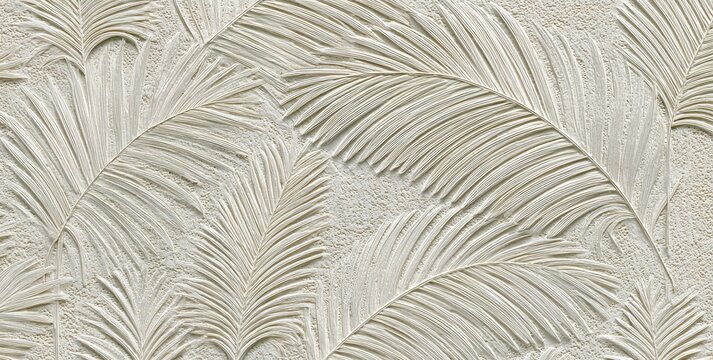 Beige wall art featuring a repeating pattern of palm leaves with a textured and dimensional aesthetic
