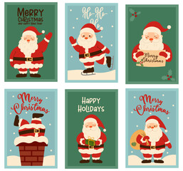 Flat style illustration set of six Christmas greeting cards featuring Santa Claus in various holiday scenes: waving, ice skating, holding a sign, stuck in a chimney, holding a gift, and carrying a