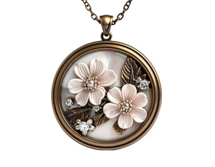 Bronze pendant featuring floral design on mother of pearl background