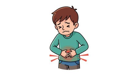Cartoon Boy Experiencing Abdominal Pain, Clutching Stomach with Discomfort and Nausea in a Doctor's Office, Illustrating Illness, Sickness, Gastroenteritis, or Digestion Problems for Healthcare Market