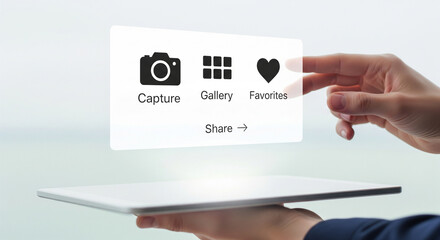 Hand interacting with a tablet displaying a holographic menu with camera, gallery, favorites, and share icons, representing mobile photography and content management