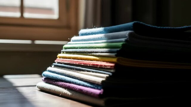 Close-up of stacked colorful fabric squares in natural light, with soft shadows and rich textures