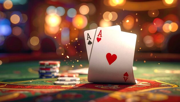 Two playing cards, both aces, sit on a green table next to a stack of chips. Soft, bokeh lights create ambiance - Powered by Adobe