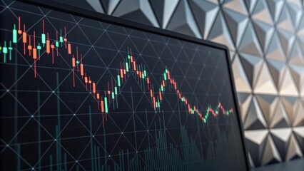 A graphical representation of market trends, showing fluctuating prices on a digital screen against a geometric background.
