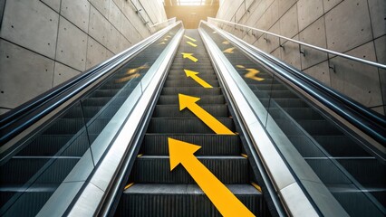 Obraz premium A dynamic view of escalators with upward yellow arrows, emphasizing movement and direction in a modern architectural setting.