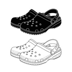 Clog Shoes Silhouette and Outline – Comfortable Rubber Slip-On Footwear Vector Illustration