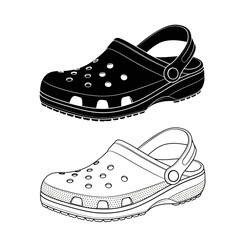 Clog Shoes Silhouette and Outline – Comfortable Rubber Slip-On Footwear Vector Illustration
