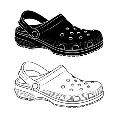 Clog Shoes Silhouette and Outline – Comfortable Rubber Slip-On Footwear Vector Illustration