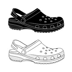 Clog Shoes Silhouette and Outline – Comfortable Rubber Slip-On Footwear Vector Illustration